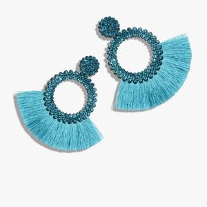 Teal Blue Fan Tassel Drop Earrings with Rhinestone Gems